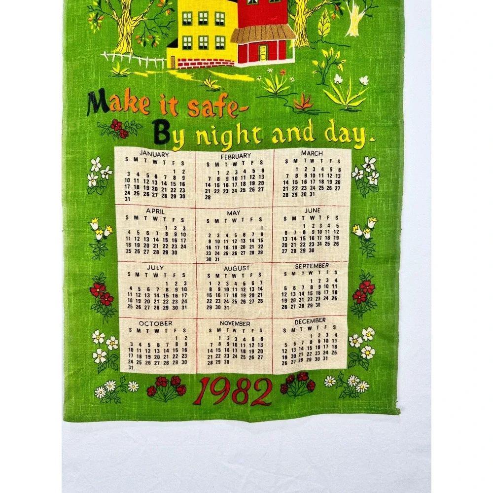 Vintage‎ 1982 Linen Calendar Kitchen Towel Bless This House Folk Art Green 16x27